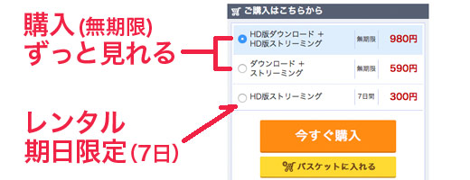 単品購入：無期限と7日間視聴の例